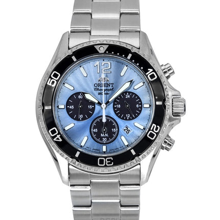 Reloj de buceo Orient Sports Cronógrafo de acero inoxidable con esfera azul cielo de cuarzo RA-TX0206L 200M para hombre