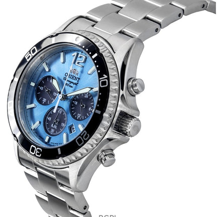 Reloj de buceo Orient Sports Cronógrafo de acero inoxidable con esfera azul cielo de cuarzo RA-TX0206L 200M para hombre