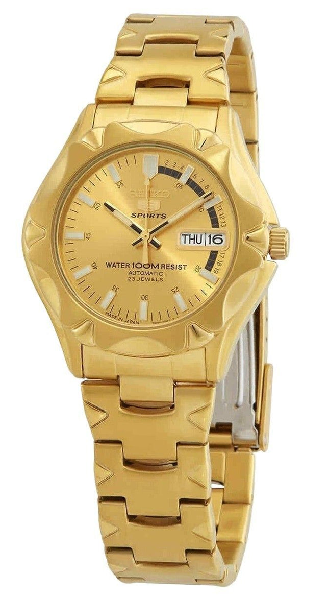 Reloj Seiko 5 Sports dorado, acero inoxidable, esfera dorada, automático, SNZ450J1, 100 m, para hombre, reacondicionado