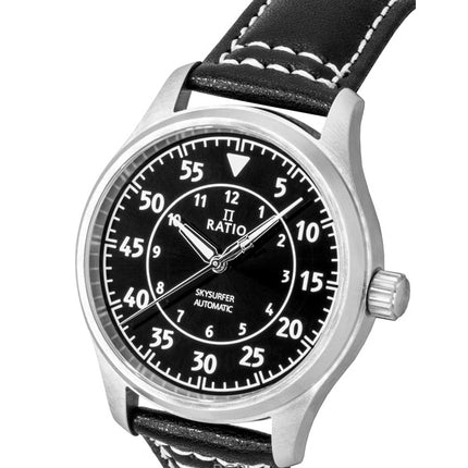 Ratio Skysurfer Pilot Black Sunray Dial Cuero Automático RTS321 200M Reloj para hombre