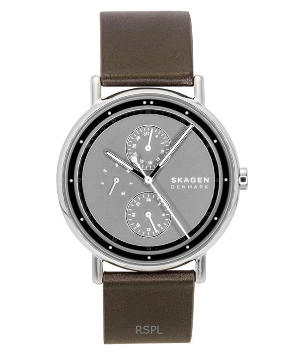 Reloj Skagen Signatur para hombre, multifunción, correa de piel, esfera gris, cuarzo, SKW6941
