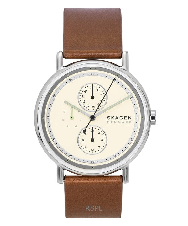 Reloj Skagen Signatur de cuarzo multifunción con correa de piel y esfera color crema SKW6942 para hombre