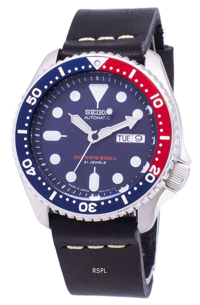 200M Japón de Seiko automático SKX009J1-LS14 Diver negro cuero correa Watch de Men