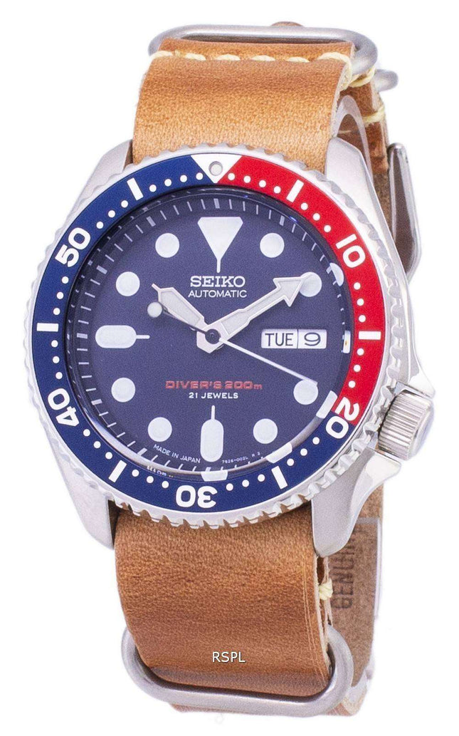 200M Japón de Seiko automático SKX009J1 LS18 Diver de cuero marrón correa Watch de Men