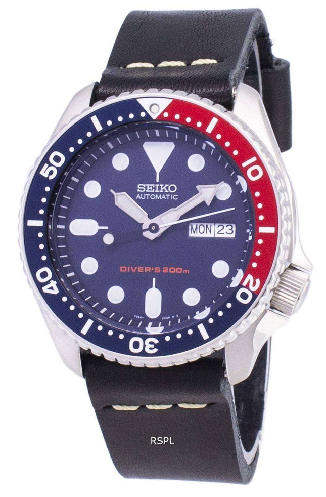 Reloj de Seiko automático SKX009K1-LS14 Diver 200M negro cuero correa hombre