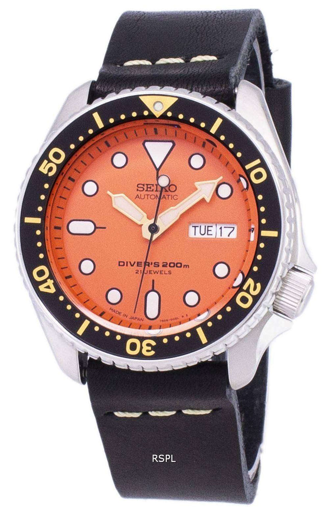 200M Japón de Seiko automático SKX011J1-LS14 Diver negro cuero correa Watch de Men