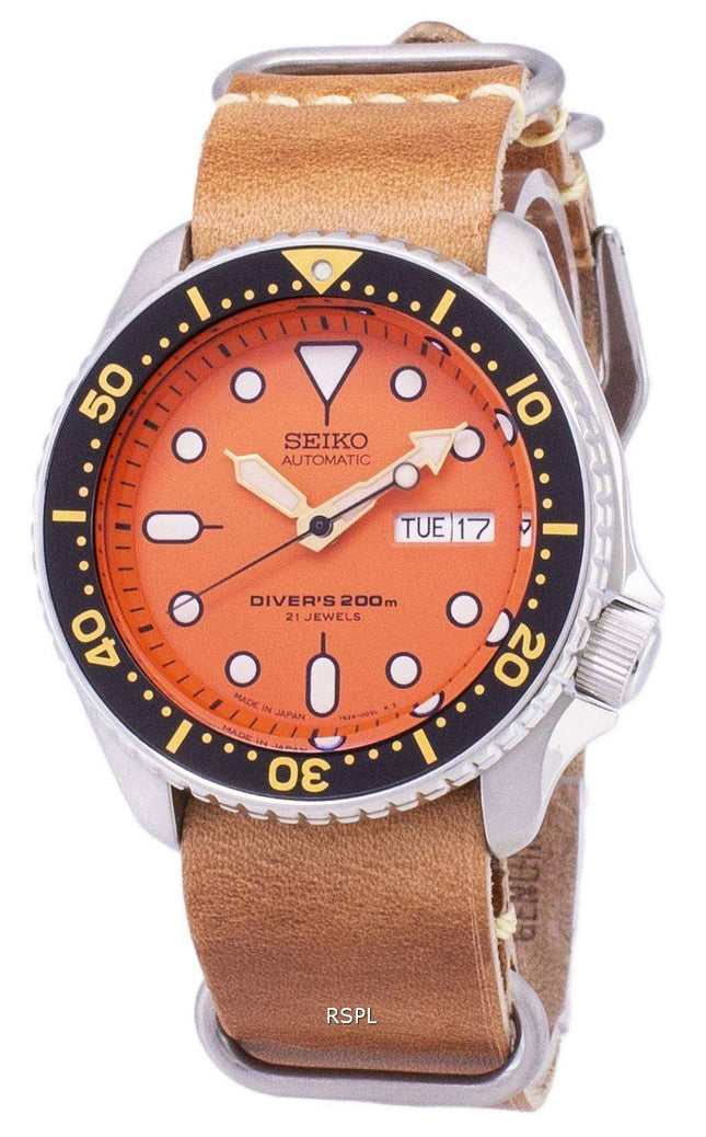 200M Japón de Seiko automático SKX011J1 LS18 Diver de cuero marrón correa Watch de Men