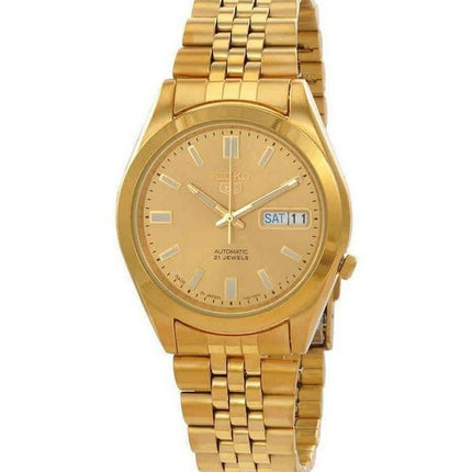 Reloj para hombre Seiko 5 en tono dorado, acero inoxidable, esfera dorada, automático, 21 joyas, SNKF90J1