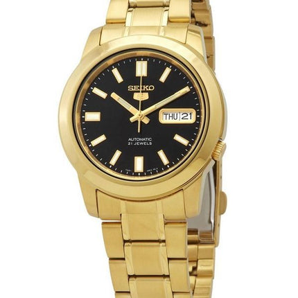 Reloj para hombre Seiko 5 de acero inoxidable en tono dorado, esfera negra, 21 joyas, automático SNKK22K1