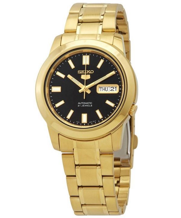Reloj para hombre Seiko 5 de acero inoxidable en tono dorado, esfera negra, 21 joyas, automático SNKK22K1