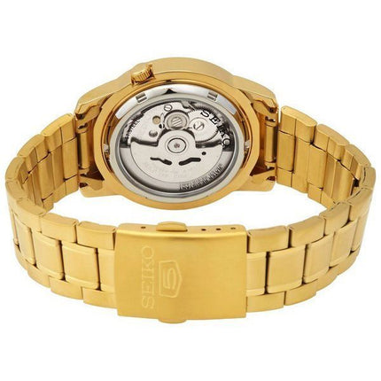 Reloj para hombre Seiko 5 de acero inoxidable en tono dorado, esfera negra, 21 joyas, automático SNKK22K1