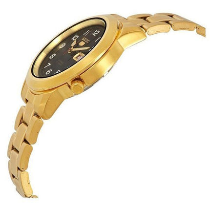 Reloj para hombre Seiko 5 de acero inoxidable en tono dorado, esfera negra, 21 joyas, automático SNKK40J1
