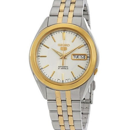 Reloj Seiko 5 de dos tonos de acero inoxidable con esfera blanca y 21 joyas automático SNKL24K1 para hombre
