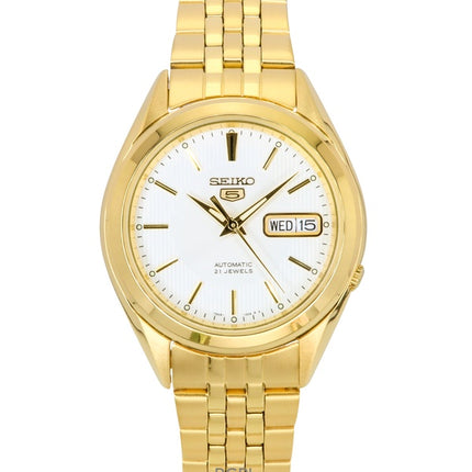 Reloj Seiko 5 de acero inoxidable en tono dorado, esfera blanca, 21 joyas, automático SNKL26K1 para hombre