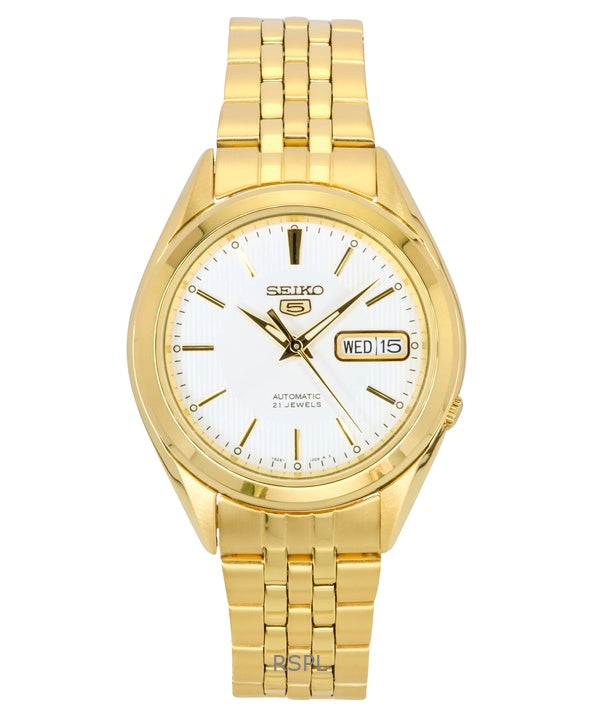 Reloj Seiko 5 de acero inoxidable en tono dorado, esfera blanca, 21 joyas, automático SNKL26K1 para hombre