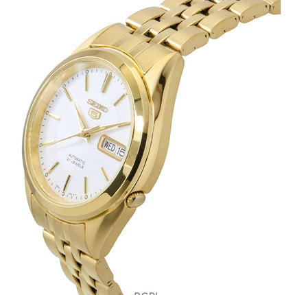 Reloj Seiko 5 de acero inoxidable en tono dorado, esfera blanca, 21 joyas, automático SNKL26K1 para hombre