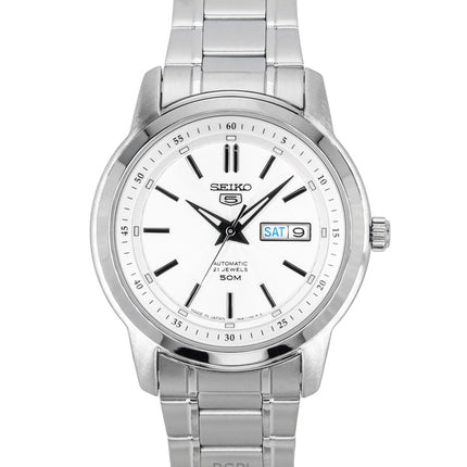 Reloj Seiko 5 automático de acero inoxidable con esfera plateada y 21 joyas SNKM83J1 para hombre