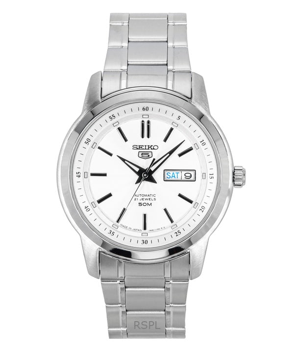 Reloj Seiko 5 automático de acero inoxidable con esfera plateada y 21 joyas SNKM83J1 para hombre