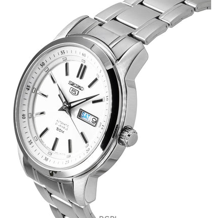 Reloj Seiko 5 automático de acero inoxidable con esfera plateada y 21 joyas SNKM83J1 para hombre
