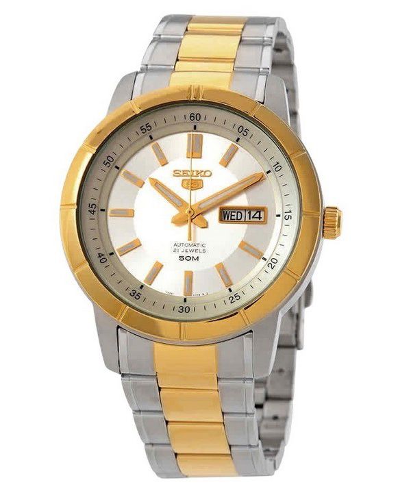 Reloj Seiko 5 de dos tonos de acero inoxidable con esfera plateada y 21 joyas automático SNKN58K1 para hombre
