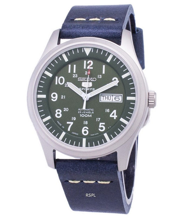 Seiko 5 Sports SNZG09J1-LS15 Reloj de hombre con correa de cuero azul marino de Japón Made Dark