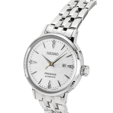 Reloj Seiko Presage Cocktail con detalles de diamantes, acero inoxidable, esfera plateada, automático, SRE017J1 para mujer