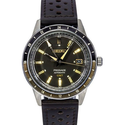 Reloj Seiko Presage Style60's GMT con correa de piel de becerro y esfera negra automático SSK013J1 para hombre