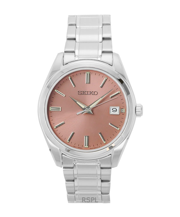 Reloj Seiko de acero inoxidable con esfera color salmón y cuarzo SUR523P1 100M para hombre