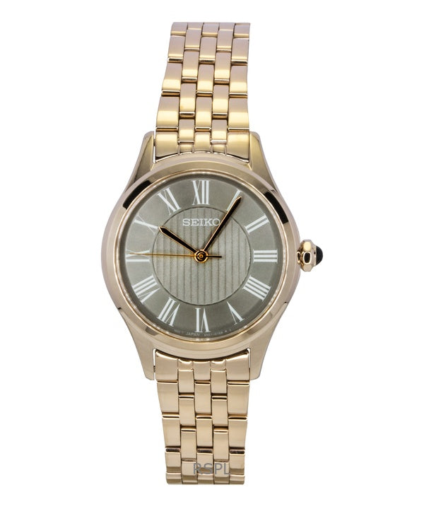 Reloj Seiko Classic de cuarzo, acero inoxidable, oro rosa y esfera gris SUR614P1 para mujer