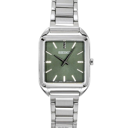 Reloj Seiko Essentials para mujer, modelo SWR075P1, de acero inoxidable, esfera verde y movimiento de cuarzo.