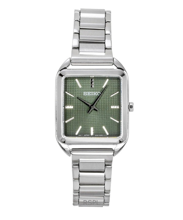 Reloj Seiko Essentials para mujer, modelo SWR075P1, de acero inoxidable, esfera verde y movimiento de cuarzo.