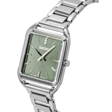 Reloj Seiko Essentials para mujer, modelo SWR075P1, de acero inoxidable, esfera verde y movimiento de cuarzo.