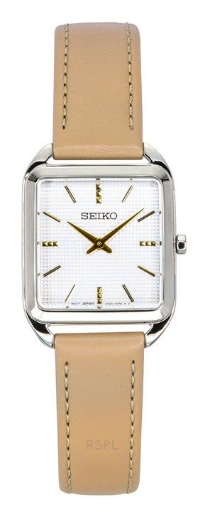 Reloj analógico de cuarzo con correa de piel y esfera beige de Seiko SWR089P1 para mujer