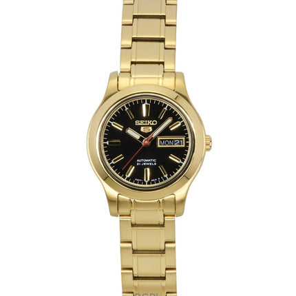 Reloj Seiko 5 Classic de acero inoxidable dorado con esfera negra y 21 joyas, automático, SYMD96K1, para mujer