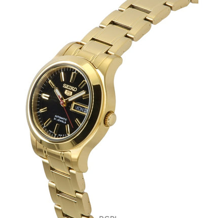 Reloj Seiko 5 Classic de acero inoxidable dorado con esfera negra y 21 joyas, automático, SYMD96K1, para mujer