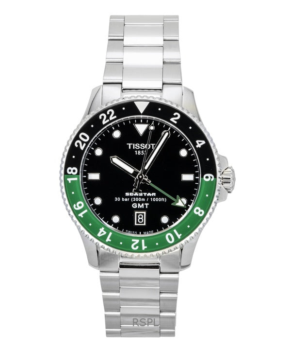 Tissot Seastar 1000 GMT - Reloj de buceo de cuarzo con esfera negra y acero inoxidable T120.852.11.051.00 300M para hombre