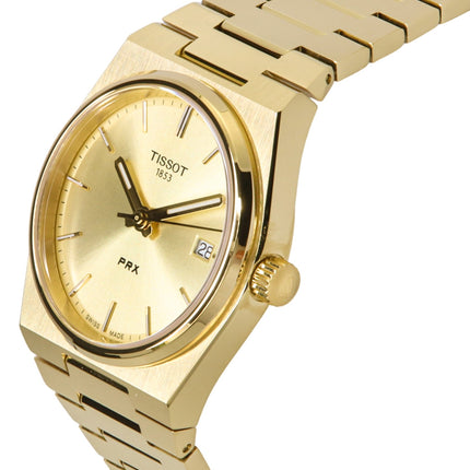 Reloj Tissot PRX de acero inoxidable dorado con esfera color champán, cuarzo suizo T137.210.33.021.00, 100 m, para mujer