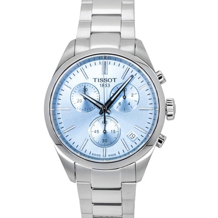 Tissot PR 100 Cronógrafo de acero inoxidable con esfera azul hielo, cuarzo T150.417.11.351.00 100M Reloj para hombre