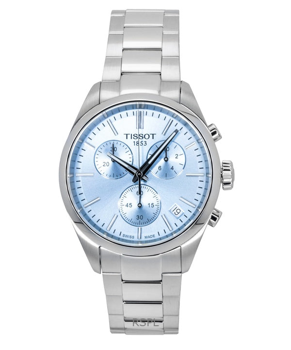 Tissot PR 100 Cronógrafo de acero inoxidable con esfera azul hielo, cuarzo T150.417.11.351.00 100M Reloj para hombre