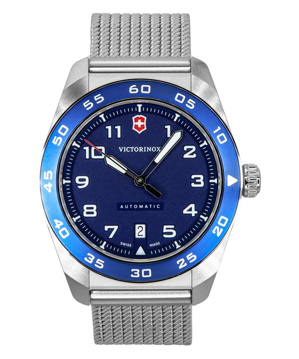 Reloj automático Victorinox Swiss Army de acero inoxidable con esfera azul 242045 100M para hombre