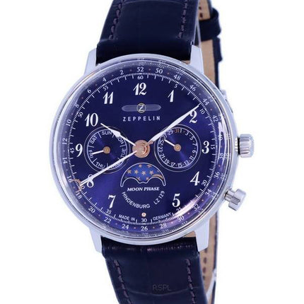 Zeppelin LZ129 Hindenburg fase lunar esfera azul cuarzo 7037-3 70373 Watch de Women es