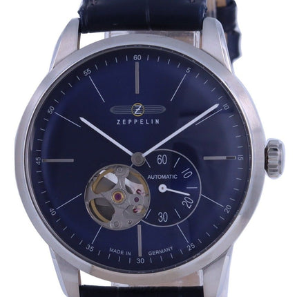 Reloj para hombre Zeppelin Flatline Open Heart con esfera azul y correa de cuero automático 7364-3 73643