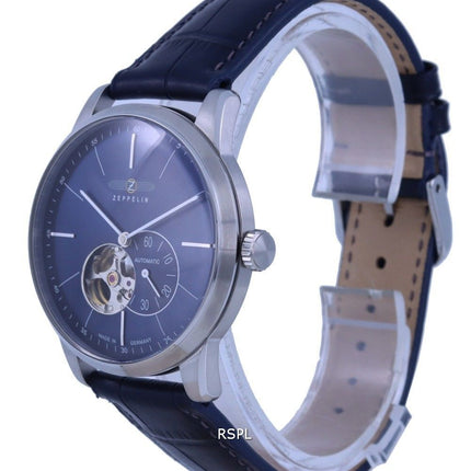 Reloj para hombre Zeppelin Flatline Open Heart con esfera azul y correa de cuero automático 7364-3 73643