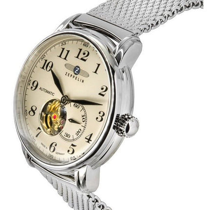 Reloj para hombre Zeppelin LZ 127 Graf de acero inoxidable con corazón abierto y esfera beige automático 7666M5