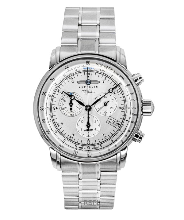 Zeppelin 100 Jahre Cronógrafo Acero inoxidable Esfera blanca Cuarzo 7680MB1 Reloj para hombre