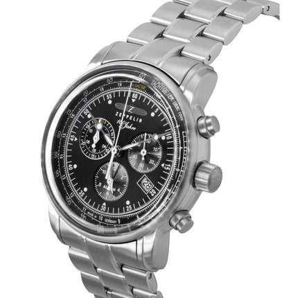 Zeppelin 100 Jahre Cronógrafo Acero inoxidable Esfera negra Cuarzo 7680MB2 Reloj para hombre