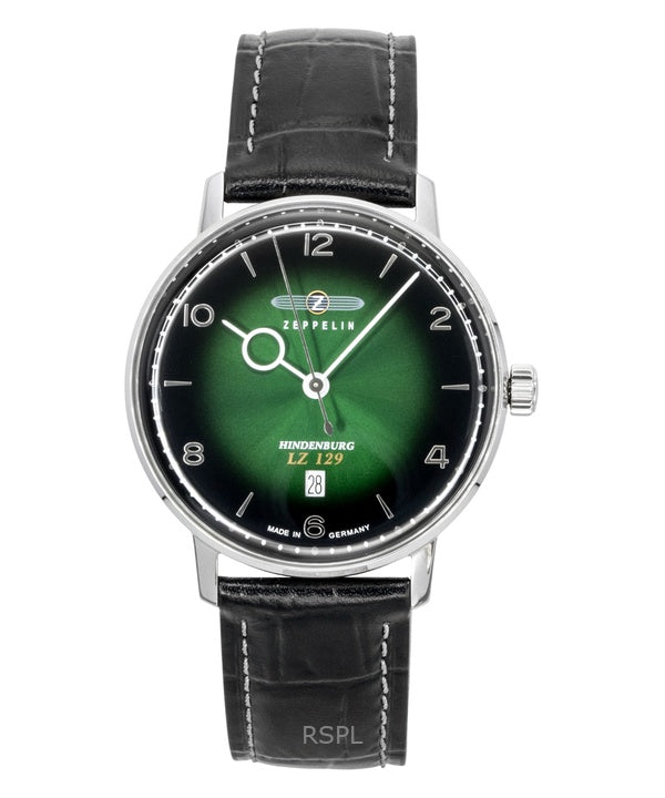 Reloj de caballero Zeppelin LZ 129 Hindenburg con correa de cuero, esfera verde y movimiento de cuarzo (80484).