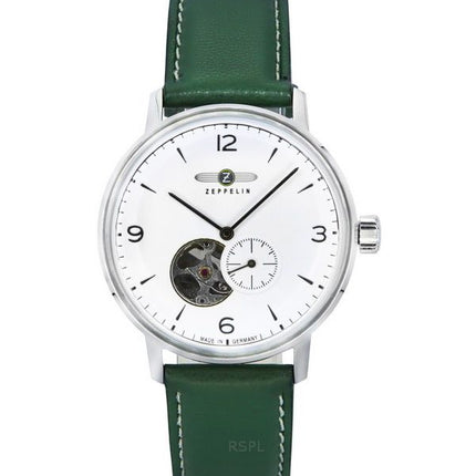 Zeppelin LZ129 Hindenburg Correa de cuero verde Corazón abierto Esfera blanca Reloj automático para hombre 80661N