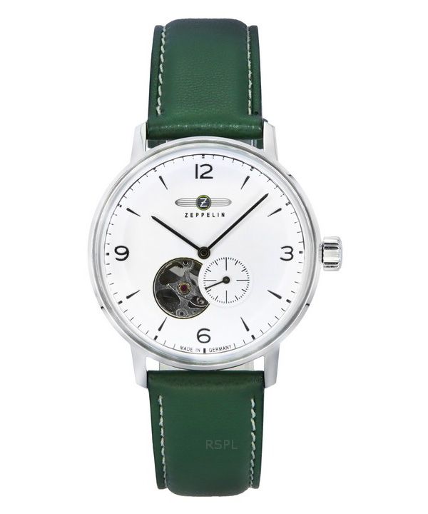 Zeppelin LZ129 Hindenburg Correa de cuero verde Corazón abierto Esfera blanca Reloj automático para hombre 80661N
