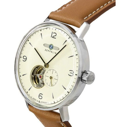 Zeppelin LZ129 Hindenburg Correa de cuero Corazón abierto Beige Dial Automático 80665N Reloj para hombre